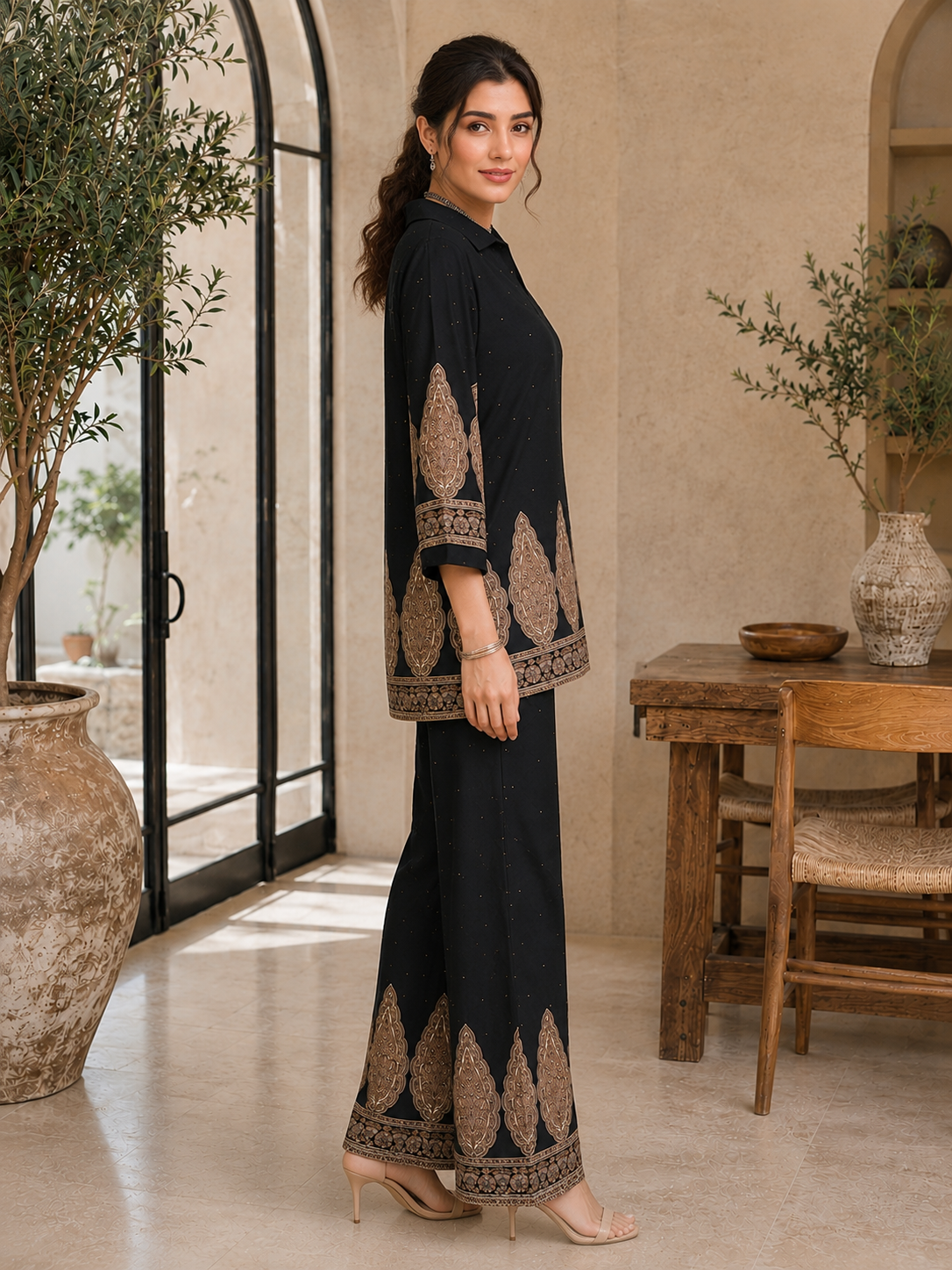 Black Abstract Viscose Rayon Tunic Co-Ord Set for Women