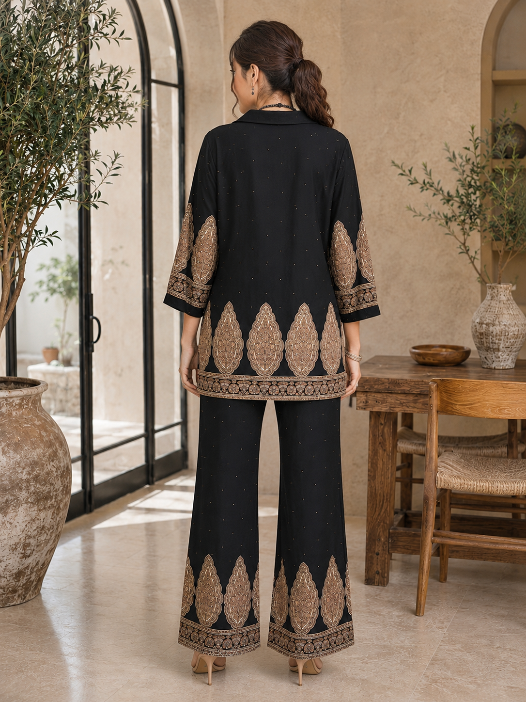 Black Abstract Viscose Rayon Tunic Co-Ord Set for Women