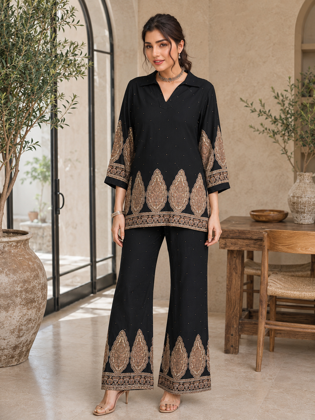 Black Abstract Viscose Rayon Tunic Co-Ord Set for Women