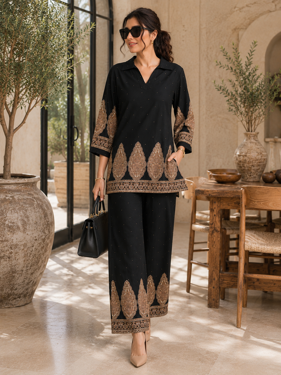 Black Abstract Viscose Rayon Tunic Co-Ord Set for Women