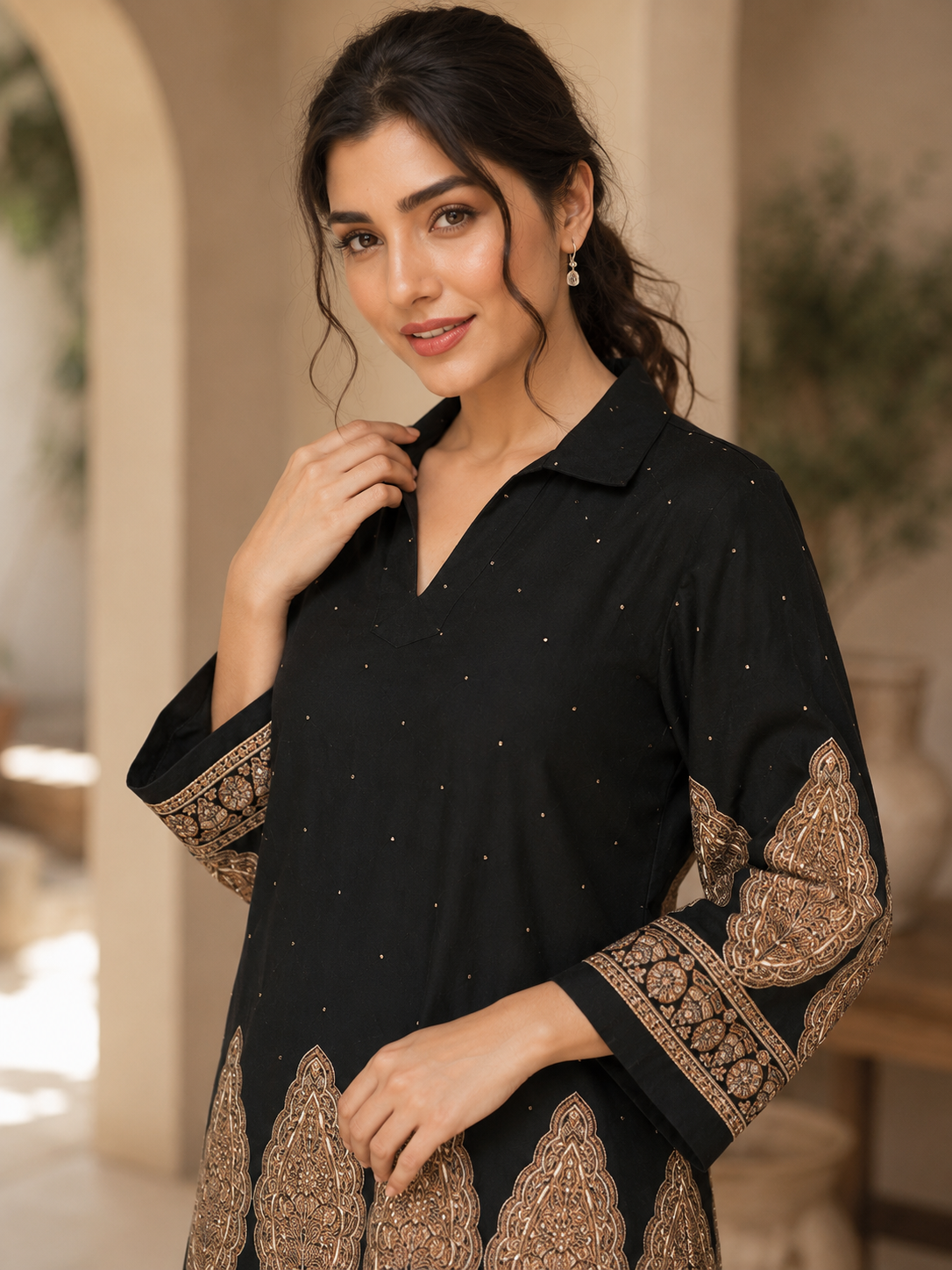 Black Abstract Viscose Rayon Tunic Co-Ord Set for Women