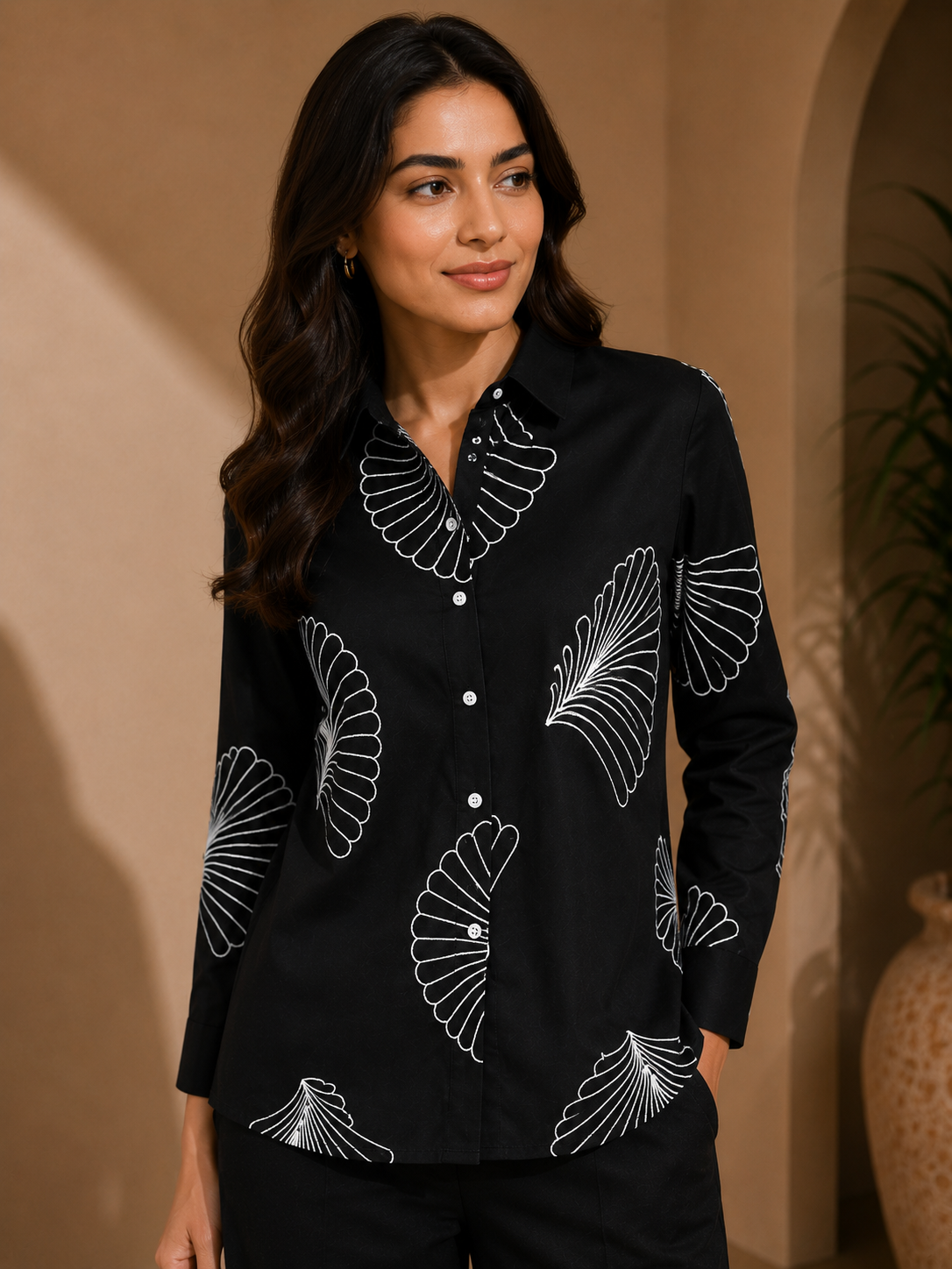Black Embroidered Cotton Shirt Collar Co-ord Set for Women