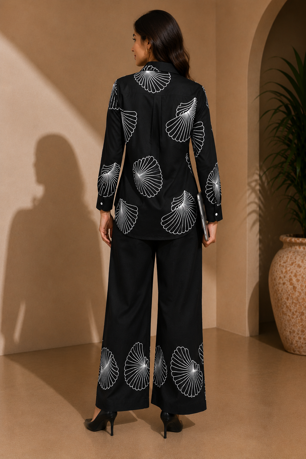 Black Embroidered Cotton Shirt Collar Co-ord Set for Women