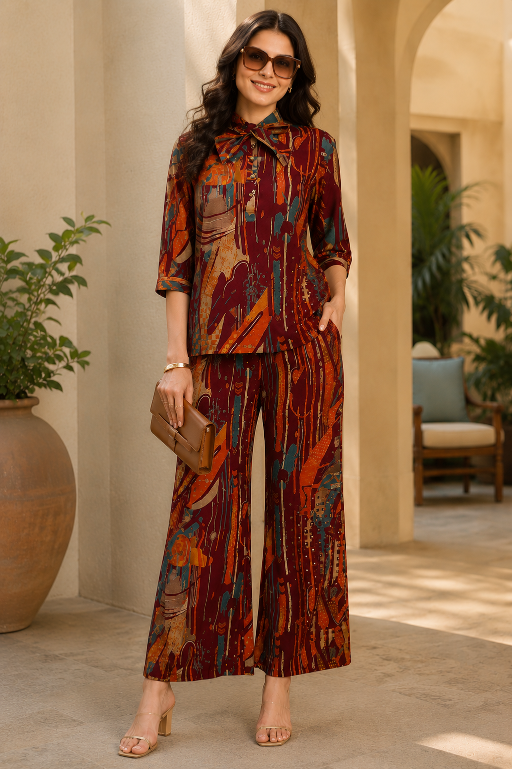 Purple Abstract Chanderi Silk Co-Ord Set for Women 3/4th