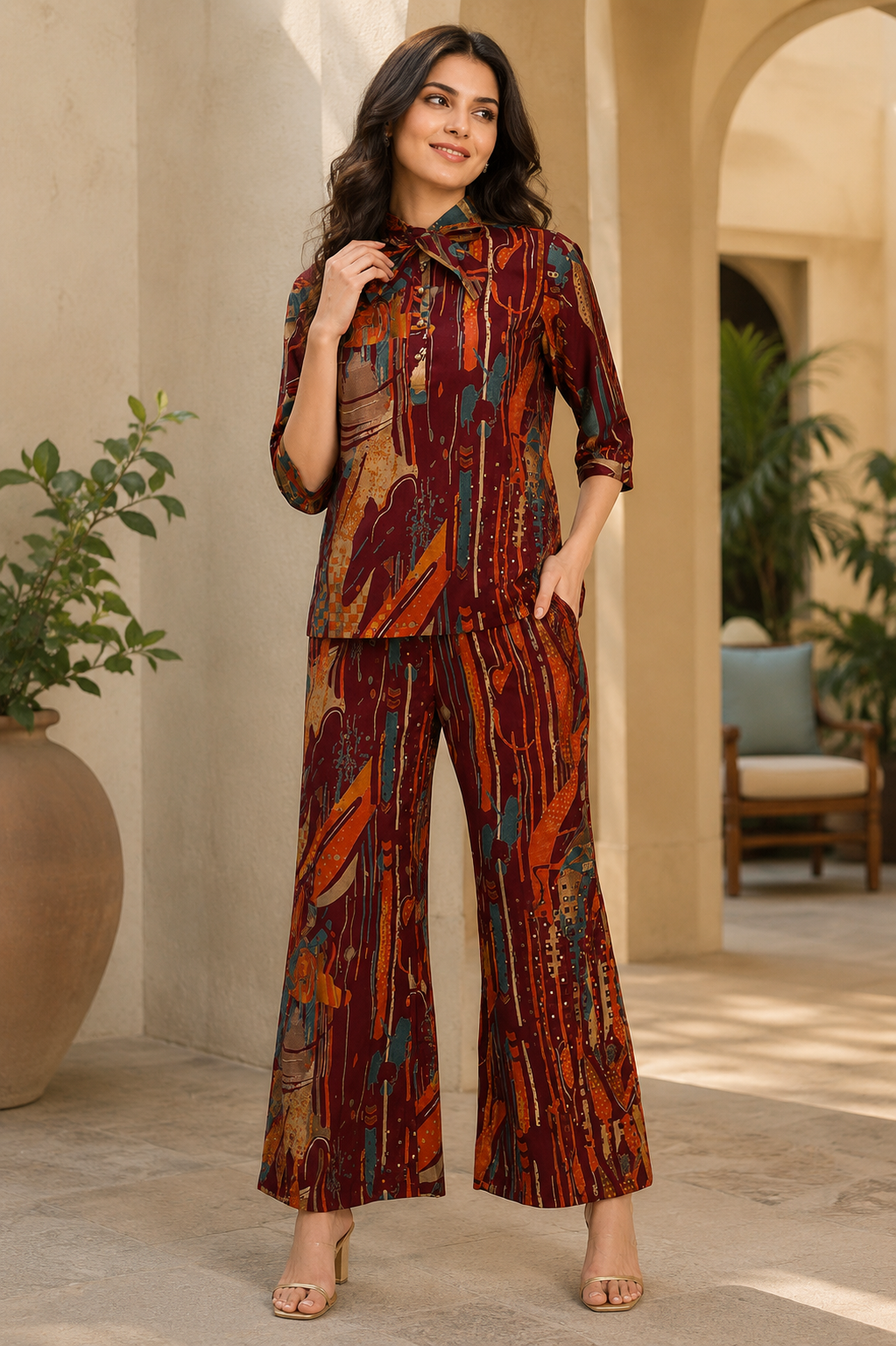 Purple Abstract Chanderi Silk Co-Ord Set for Women 3/4th