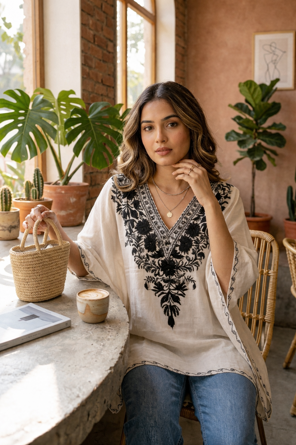 Mehroz Plum Black-white Kashmiri Kaftan