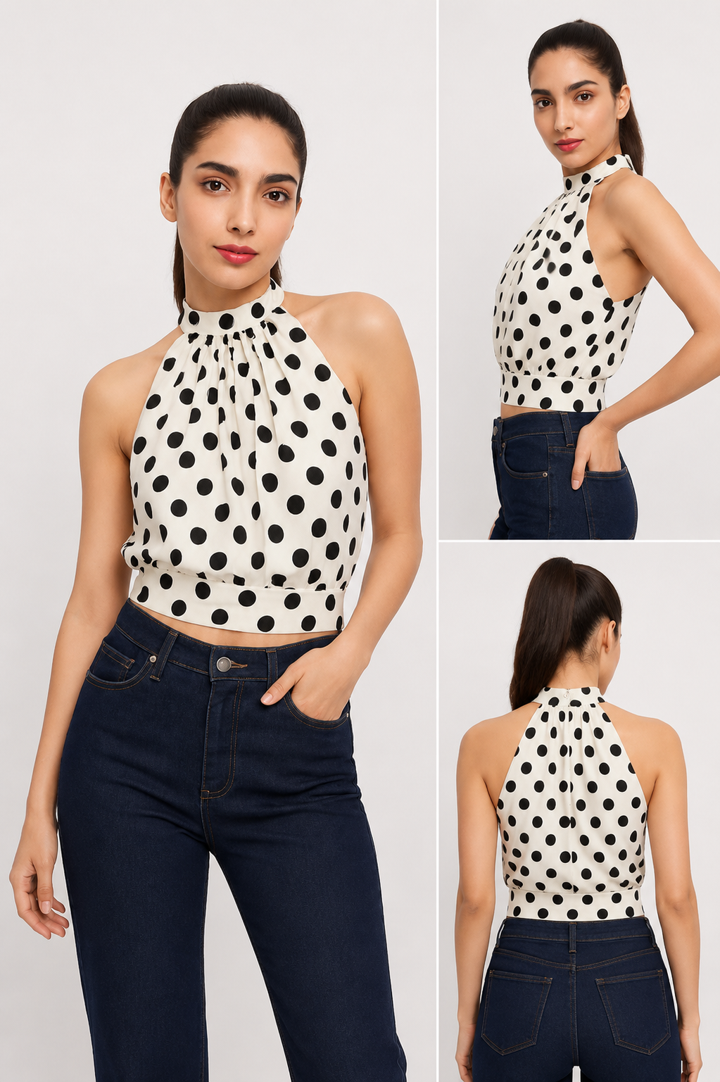 Monochrome Polka Dot Halter Neck Crop Top – Ivory & Black