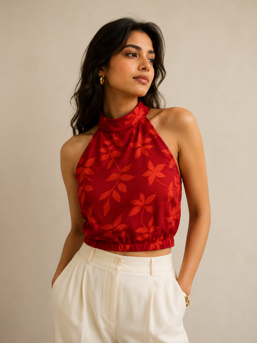 Crimson Bloom Halter Crop Top