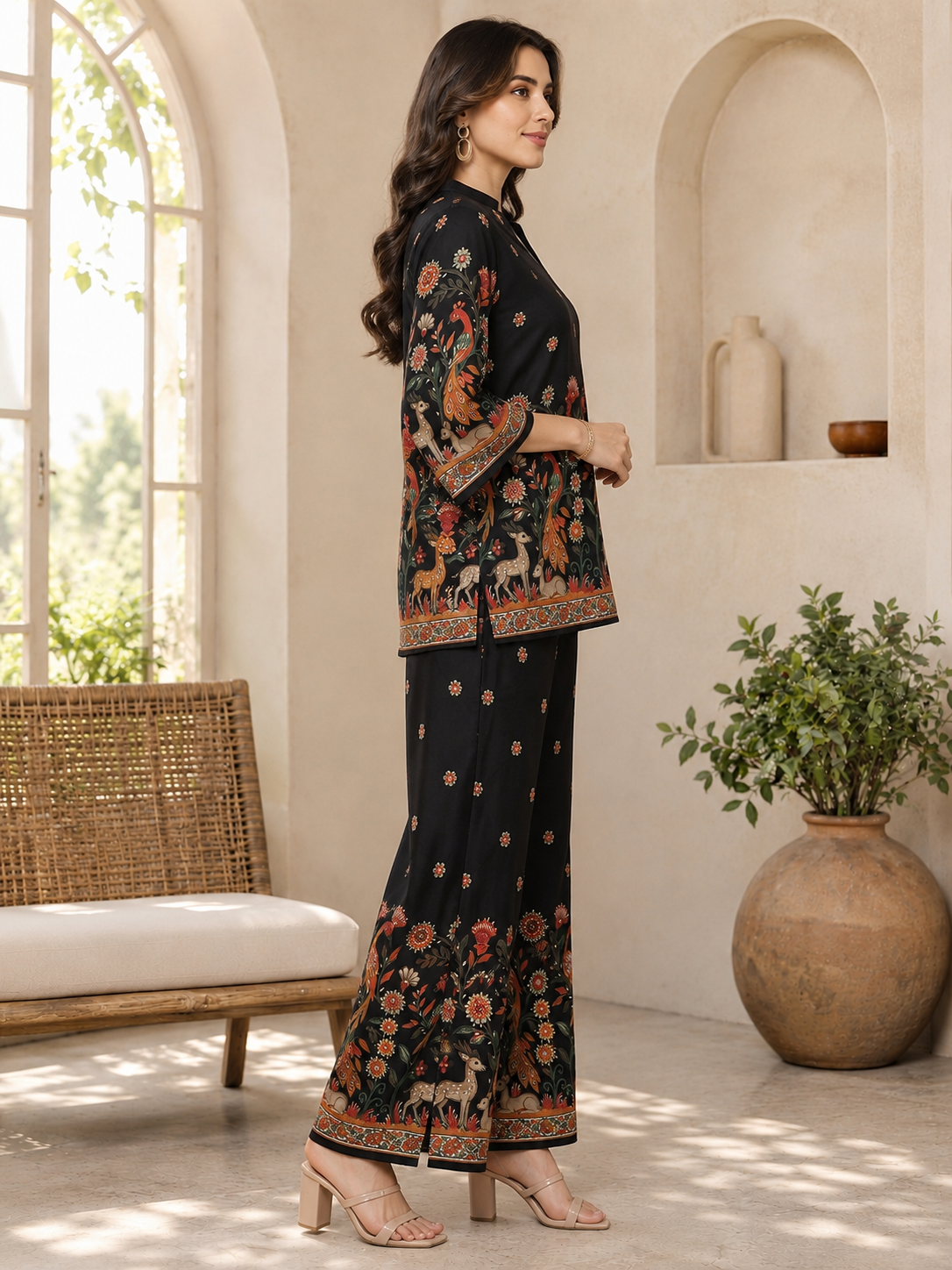 Black Peacock Printed Tunic with Printed Palazzos | Claura