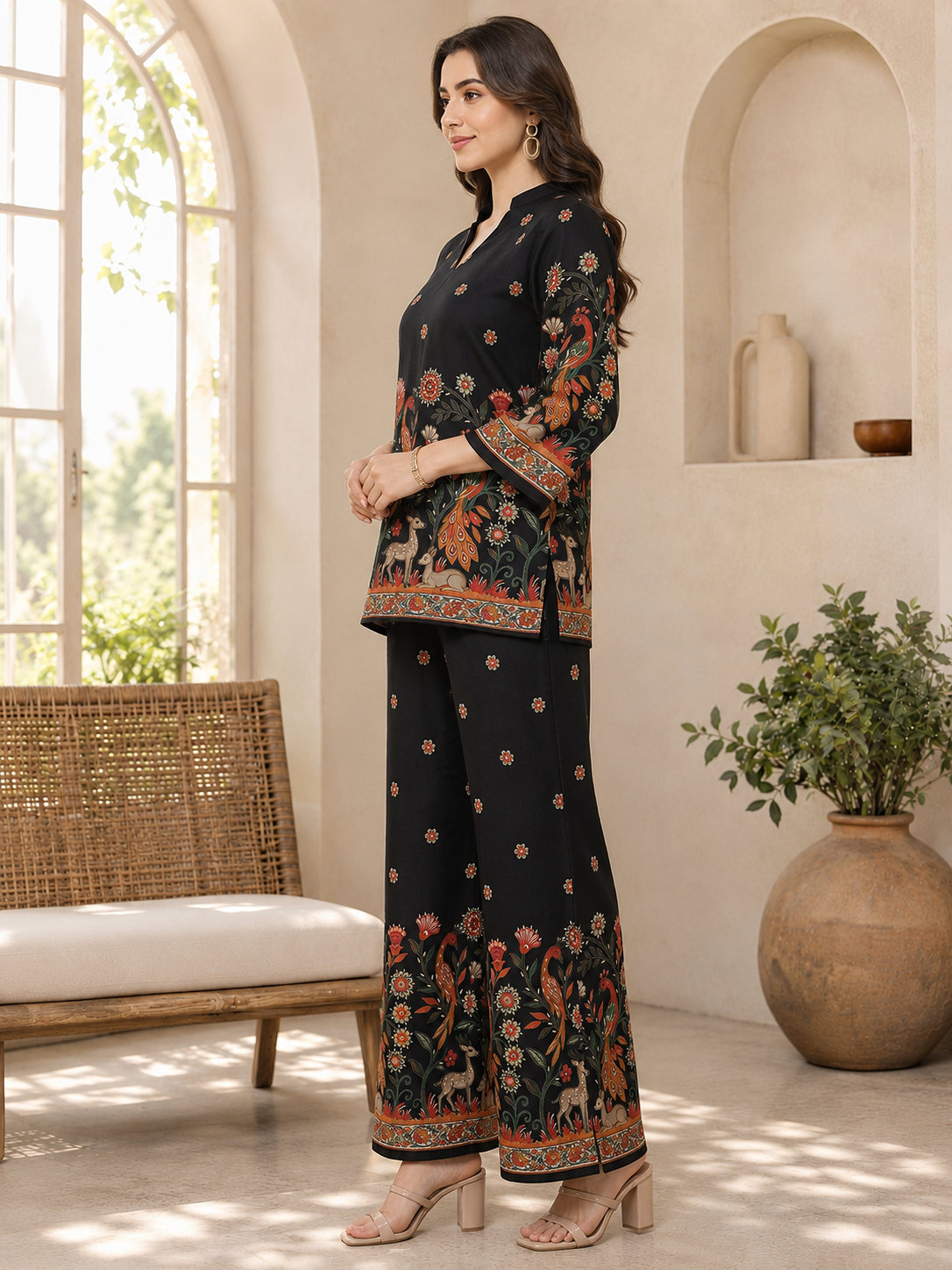 Black Peacock Printed Tunic with Printed Palazzos | Claura