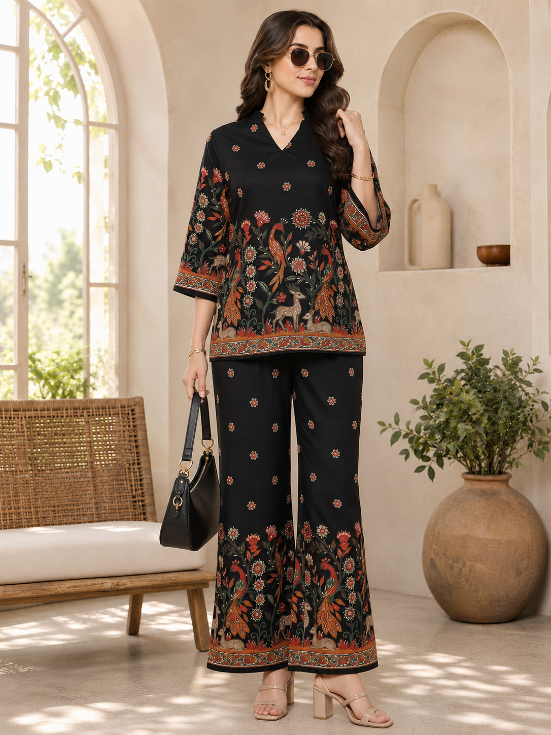 Black Peacock Printed Tunic with Printed Palazzos | Claura