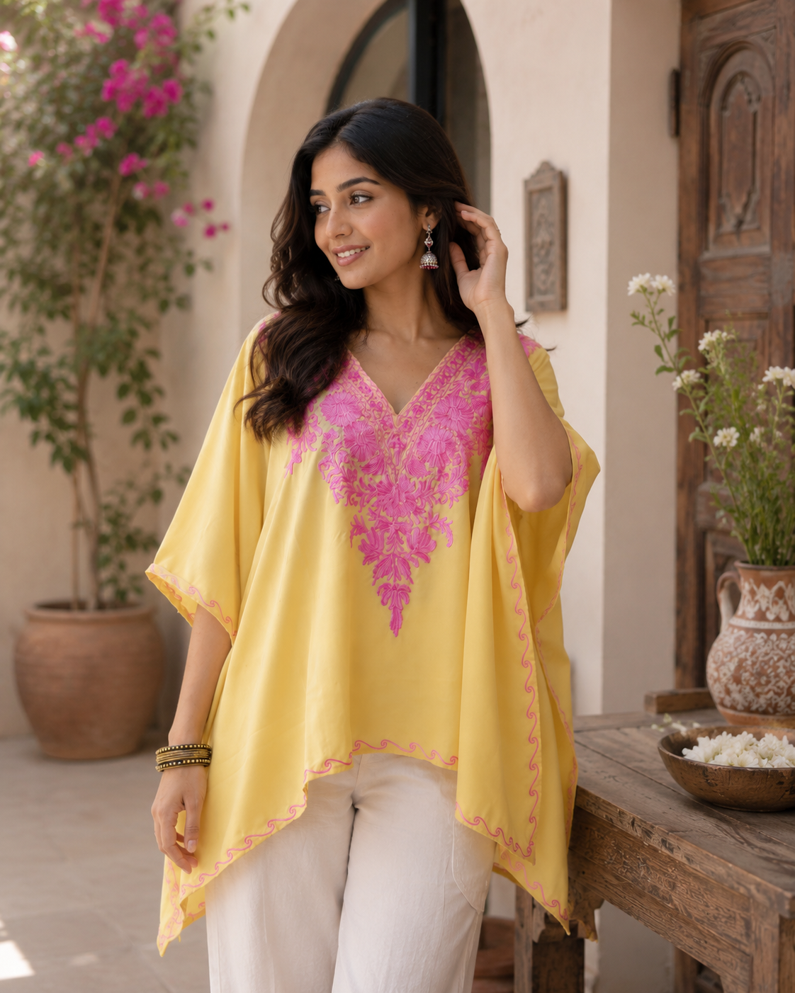 Gulistan Yellow Pink Kashmiri Kaftan