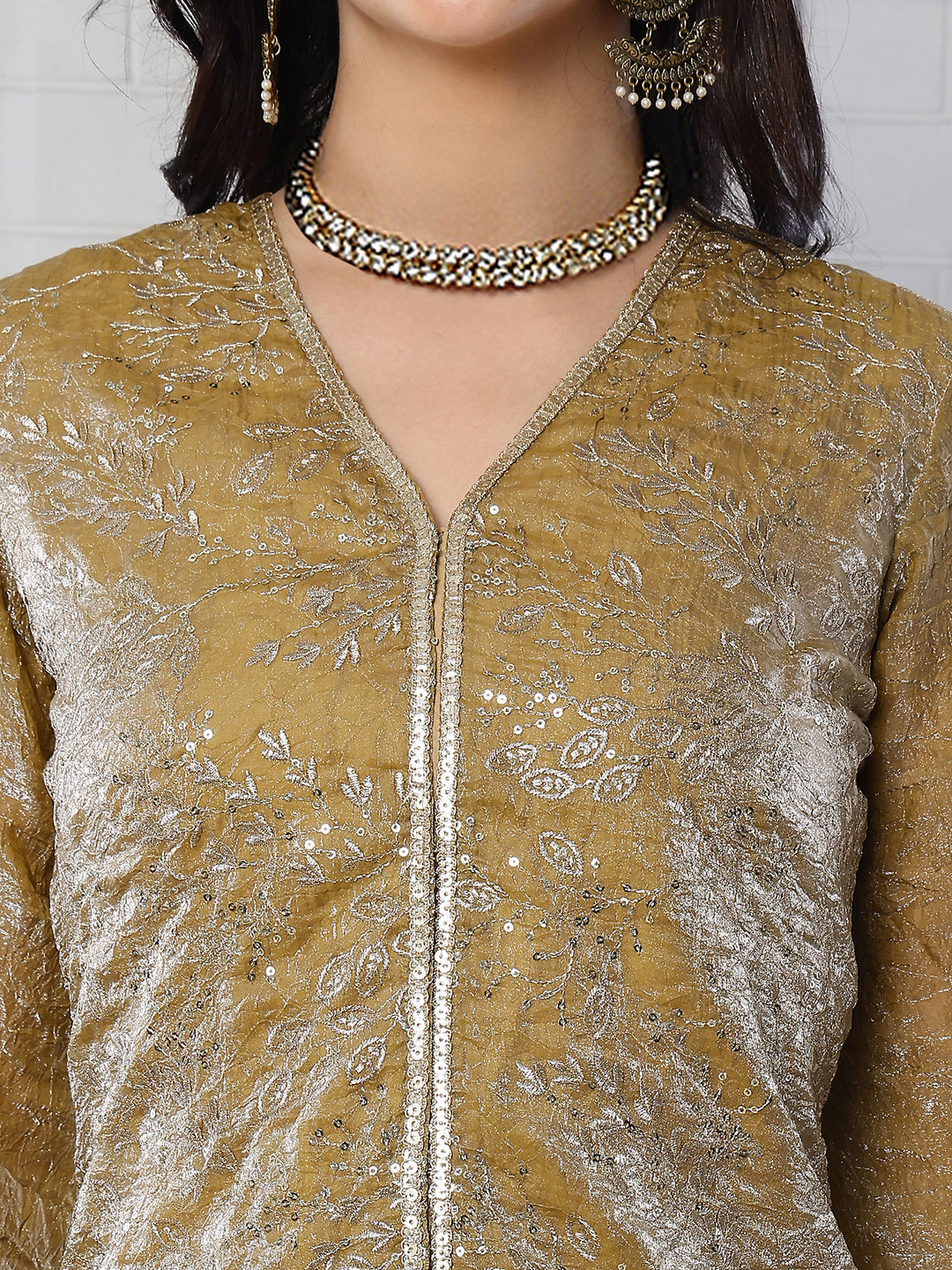 Elegant Gold-Toned Embroidered V-Neck Tunic with Palazzo