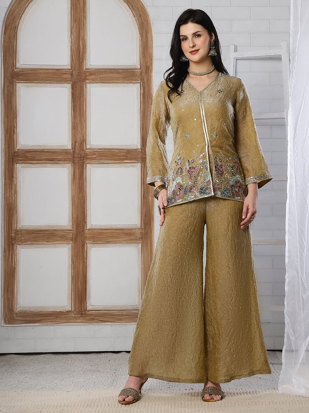 Gold Embroidered Tunic with Flowy Palazzo Set Co-Ord Set