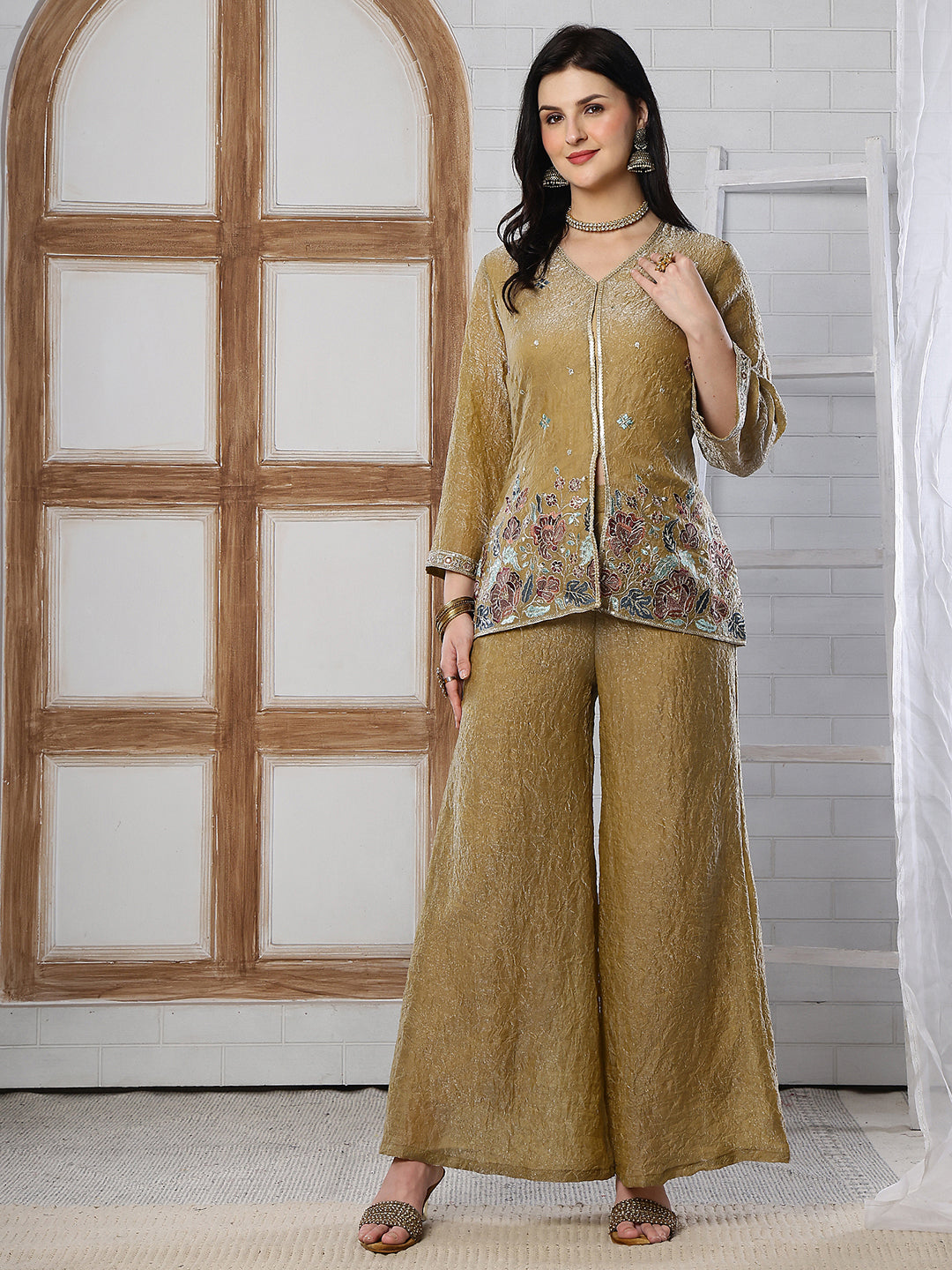 Gold Embroidered Tunic with Flowy Palazzo Set Co-Ord Set