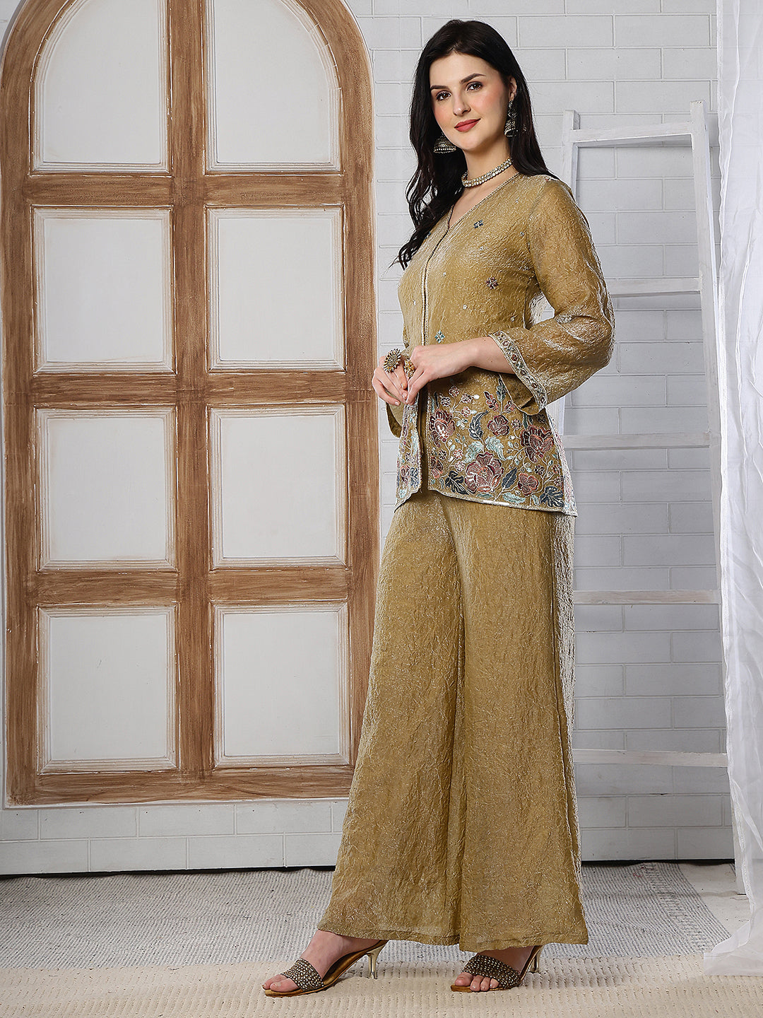 Gold Embroidered Tunic with Flowy Palazzo Set Co-Ord Set