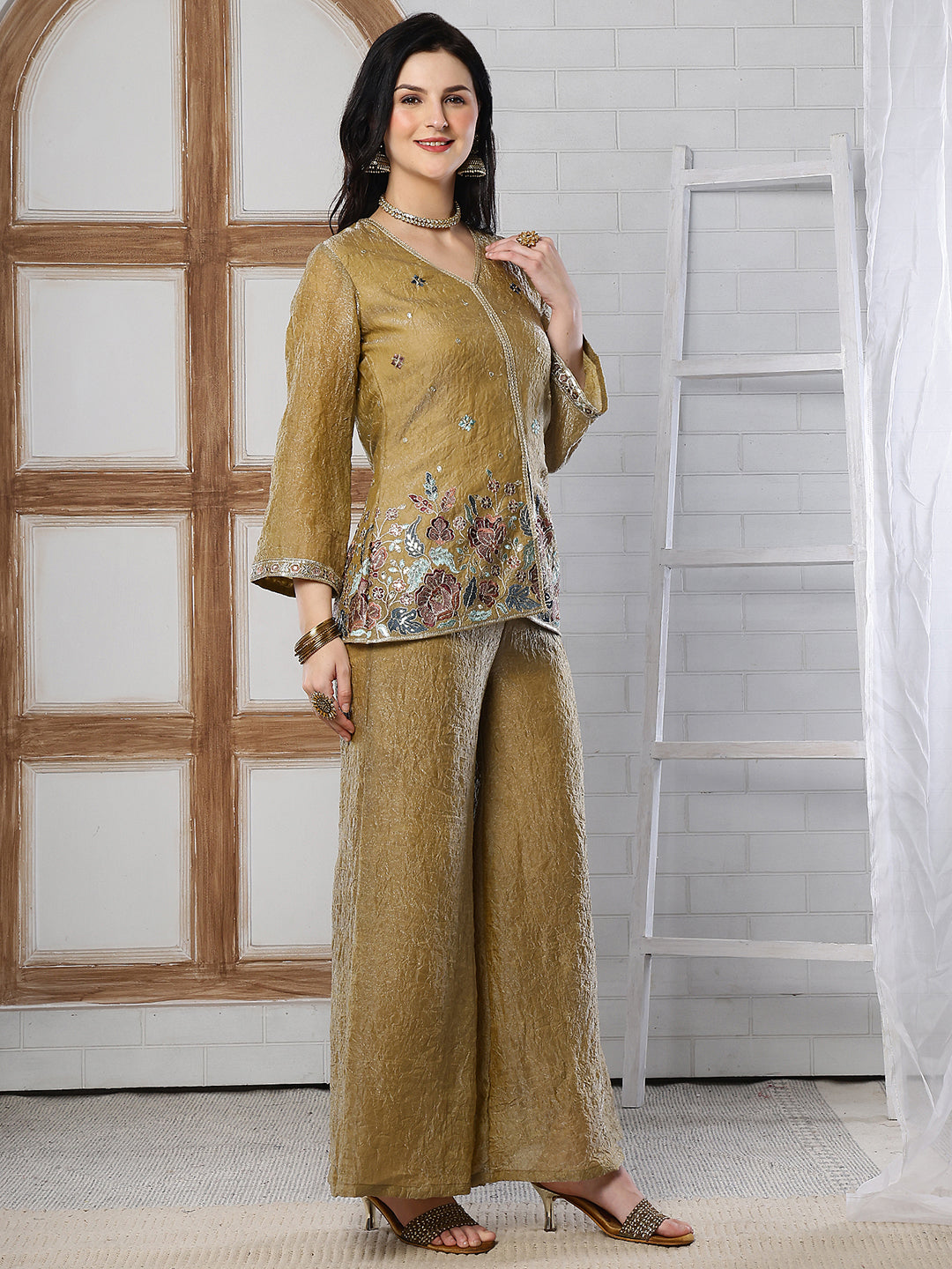 Gold Embroidered Tunic with Flowy Palazzo Set Co-Ord Set