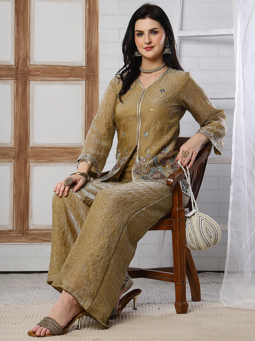 Gold Embroidered Tunic with Flowy Palazzo Set Co-Ord Set