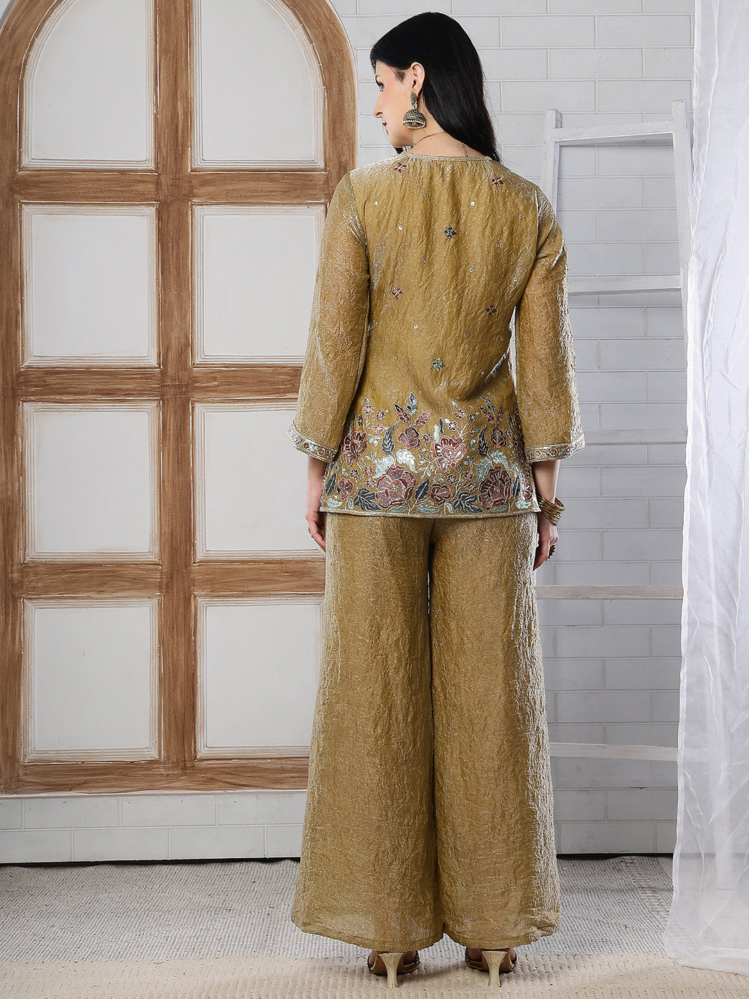 Gold Embroidered Tunic with Flowy Palazzo Set Co-Ord Set