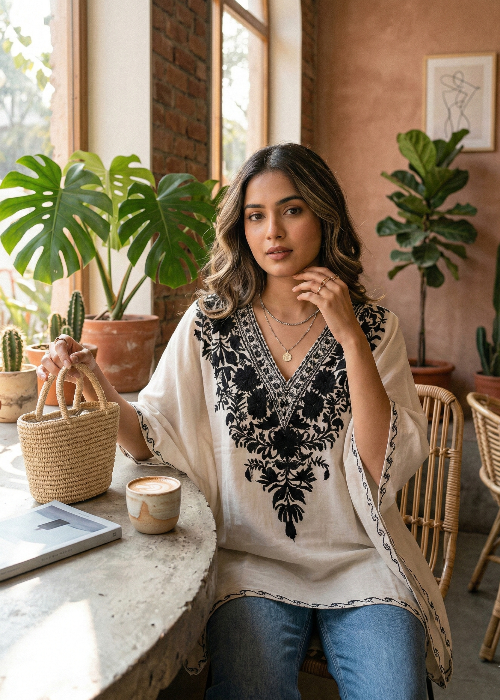 Mehroz Plum Black-white Kashmiri Kaftan