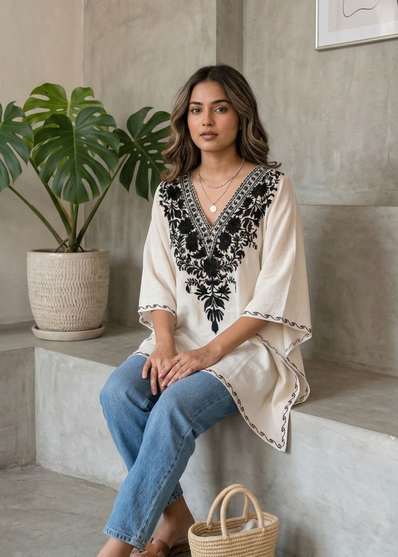 Mehroz Plum Black-white Kashmiri Kaftan