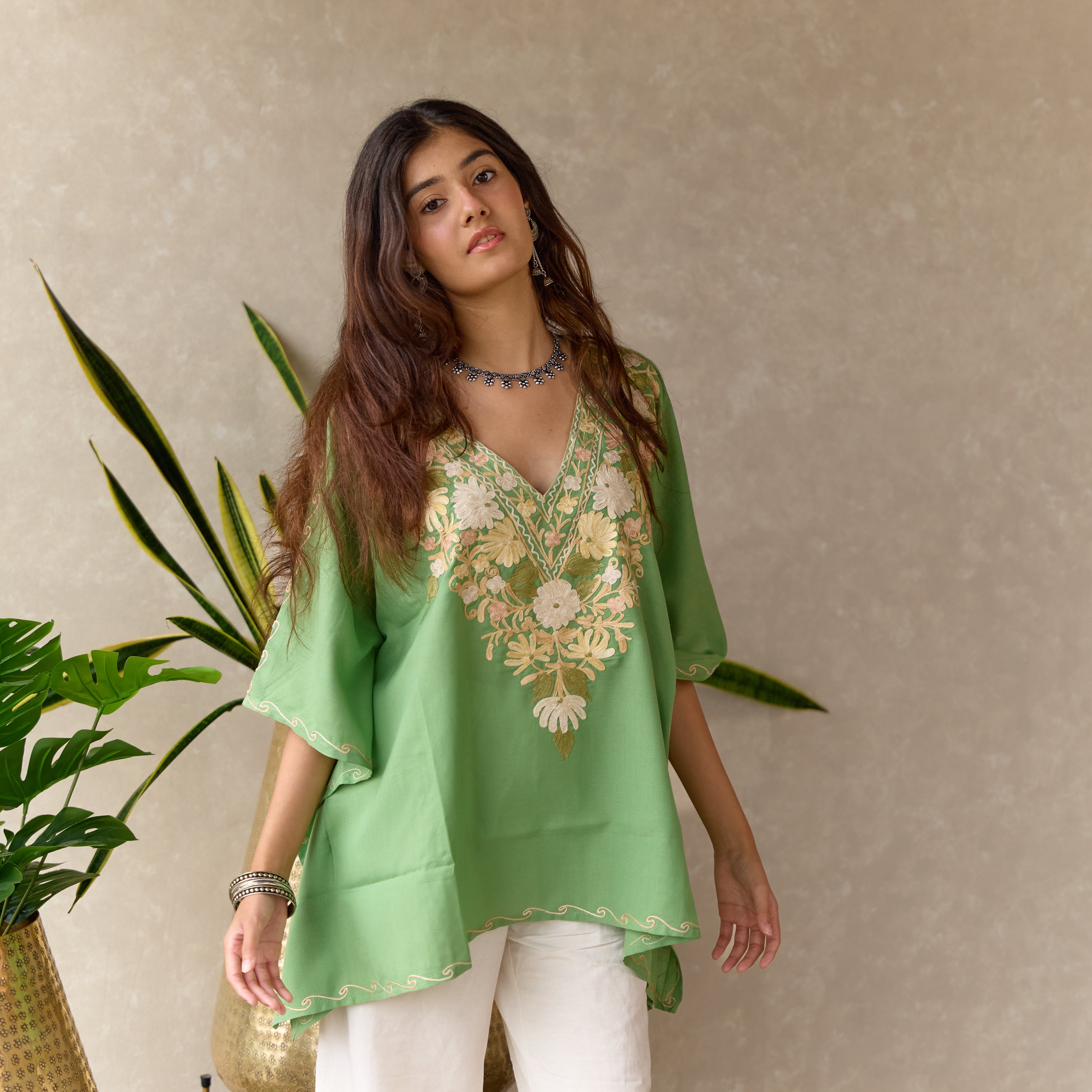Green Floral Kashmiri Cotton Kaftan Top
