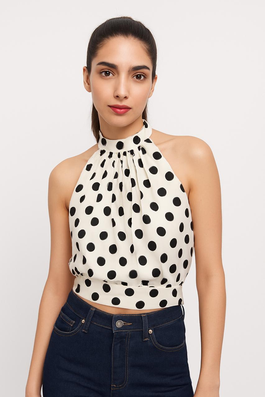 Monochrome Polka Dot Halter Neck Crop Top – Ivory & Black