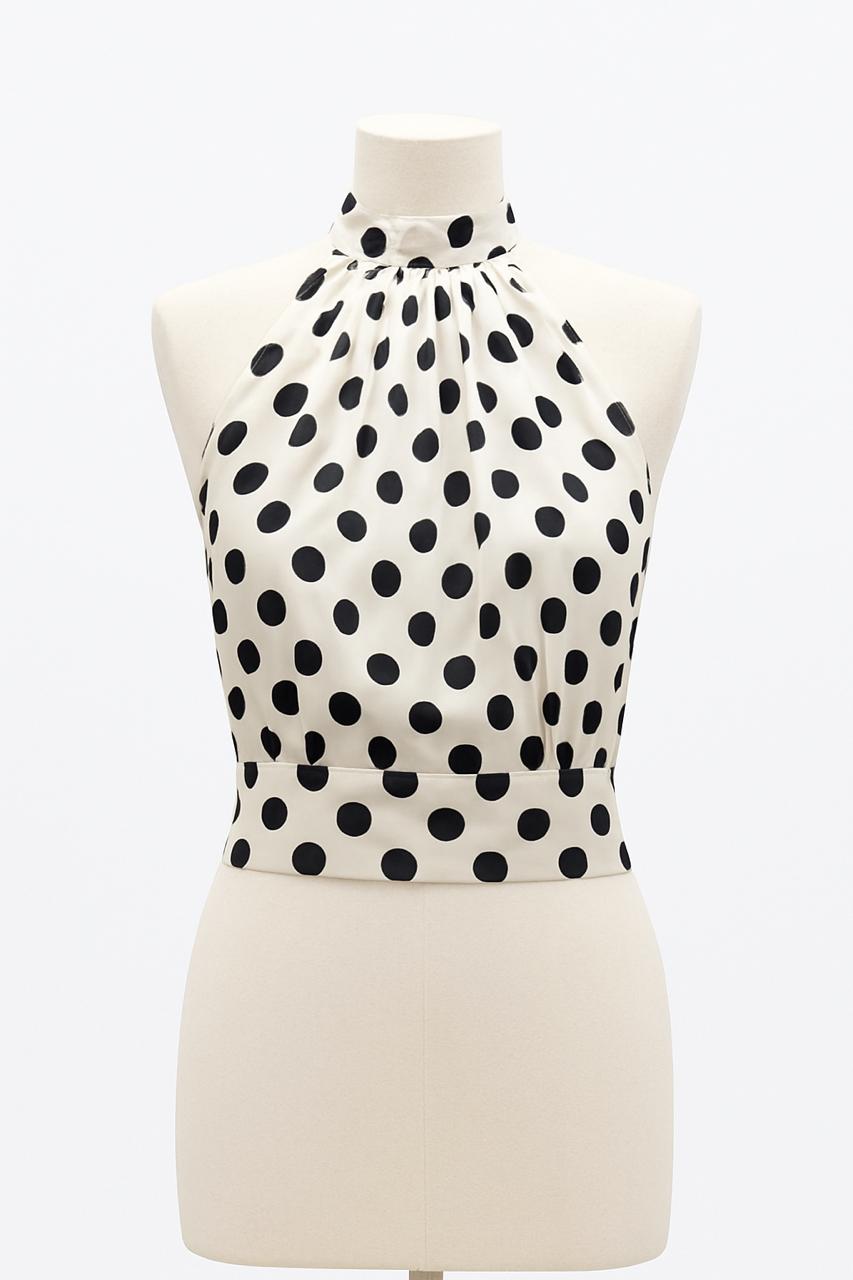 Monochrome Polka Dot Halter Neck Crop Top – Ivory & Black