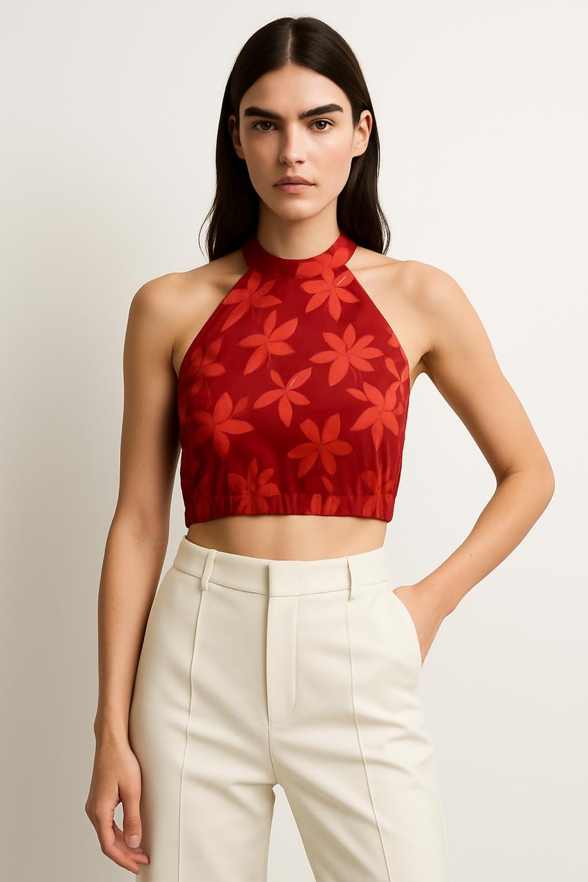 Crimson Bloom Halter Crop Top