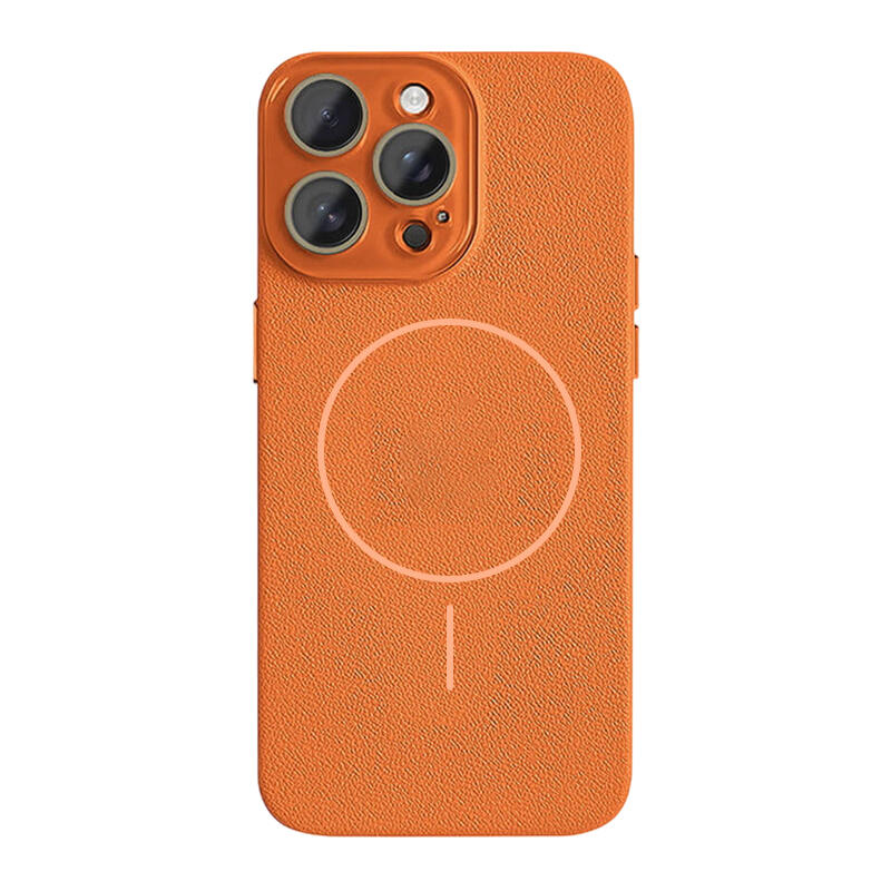 Lychee Texture Leather MagSafe Phone Case - Orange