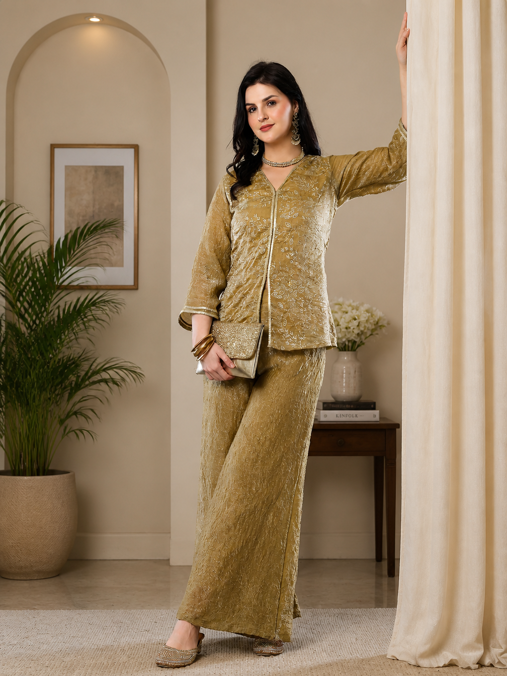 Elegant Gold-Toned Embroidered V-Neck Tunic with Palazzo