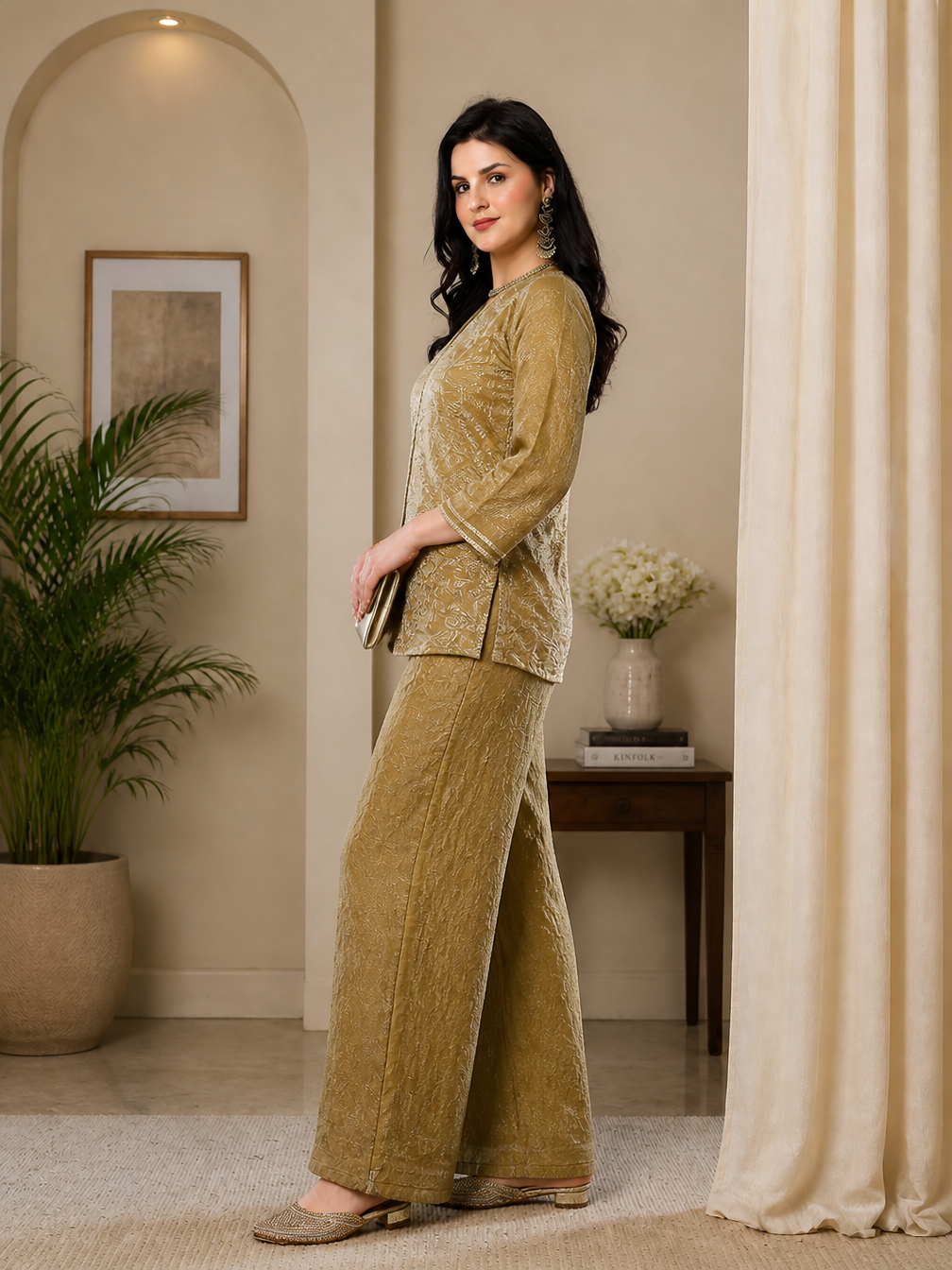 Elegant Gold-Toned Embroidered V-Neck Tunic with Palazzo