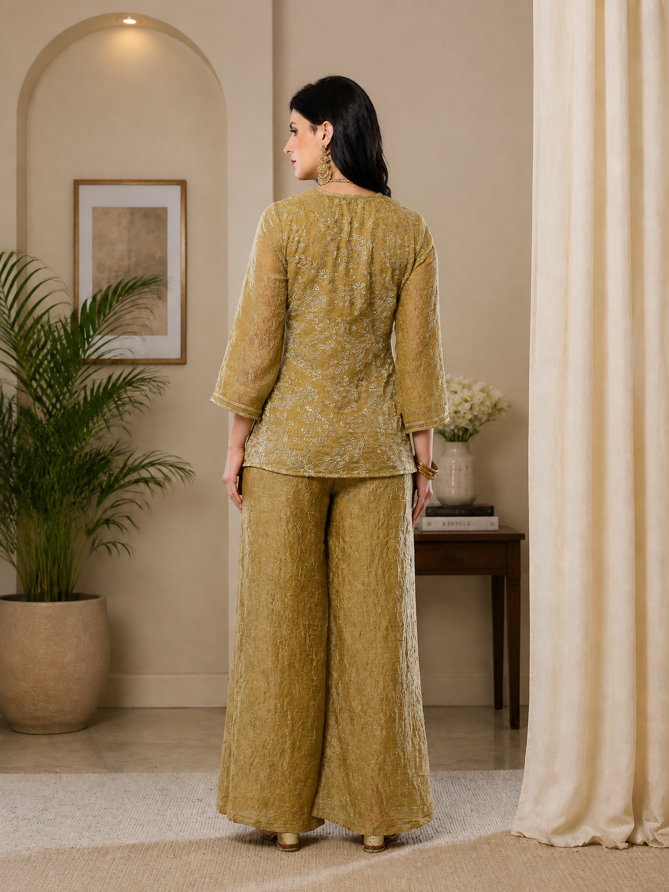 Elegant Gold-Toned Embroidered V-Neck Tunic with Palazzo