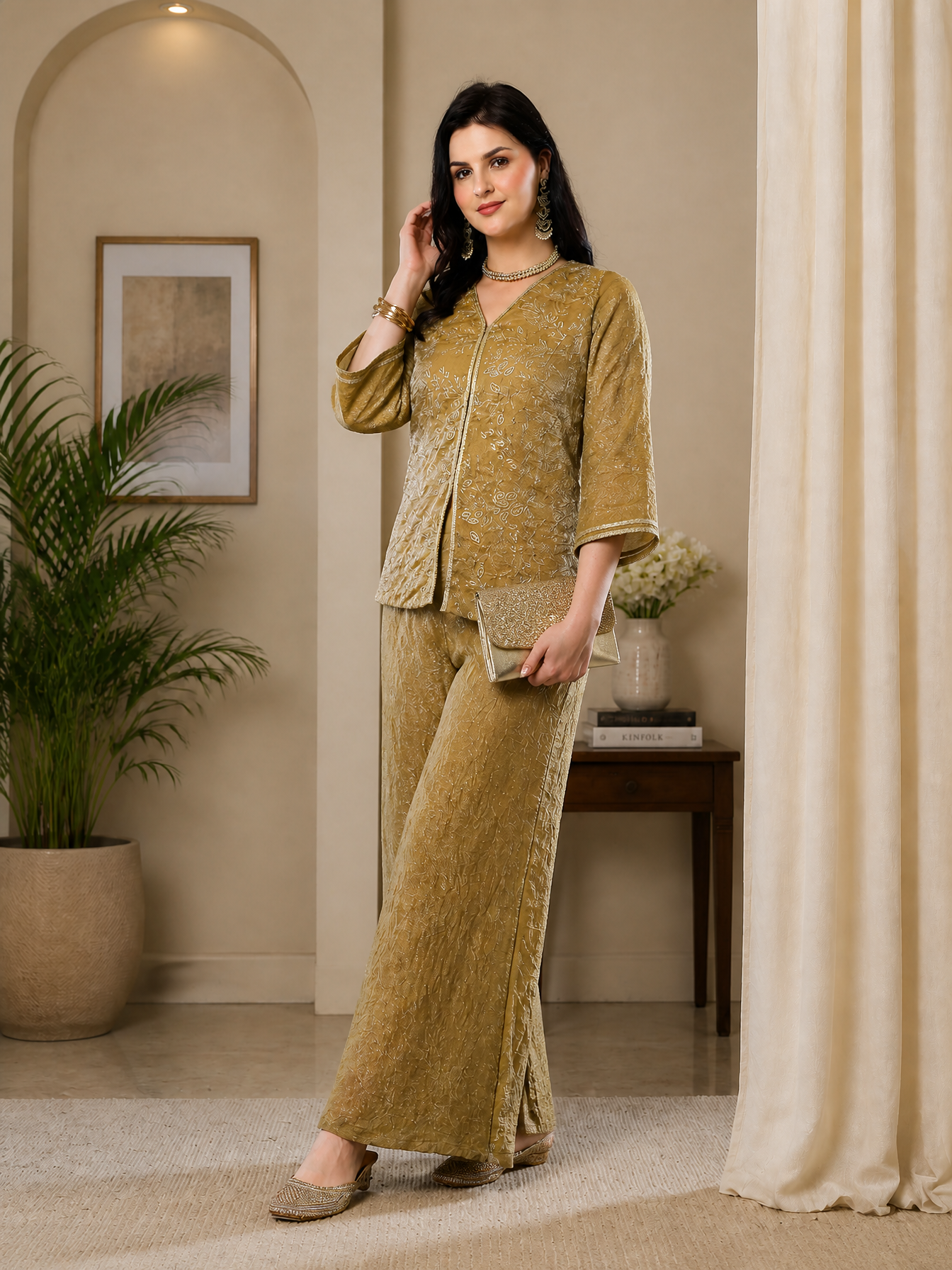 Elegant Gold-Toned Embroidered V-Neck Tunic with Palazzo