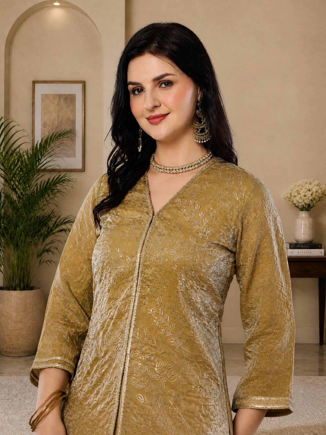 Elegant Gold-Toned Embroidered V-Neck Tunic with Palazzo