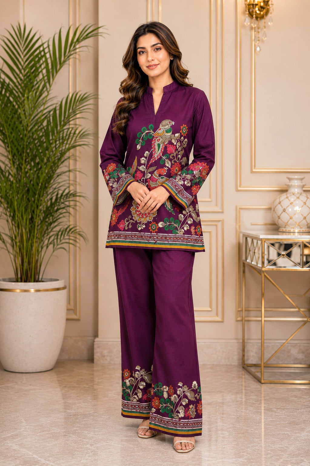 Purple Bohemian Bird & Floral Printed Silk Tunic with Printed Palazzos | Claura