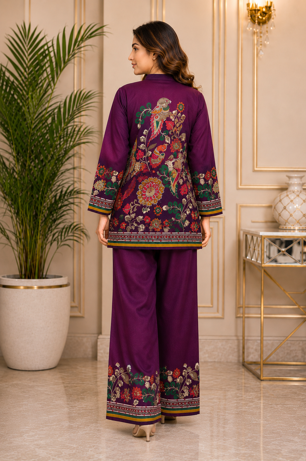 Purple Bohemian Bird & Floral Printed Silk Tunic with Printed Palazzos | Claura