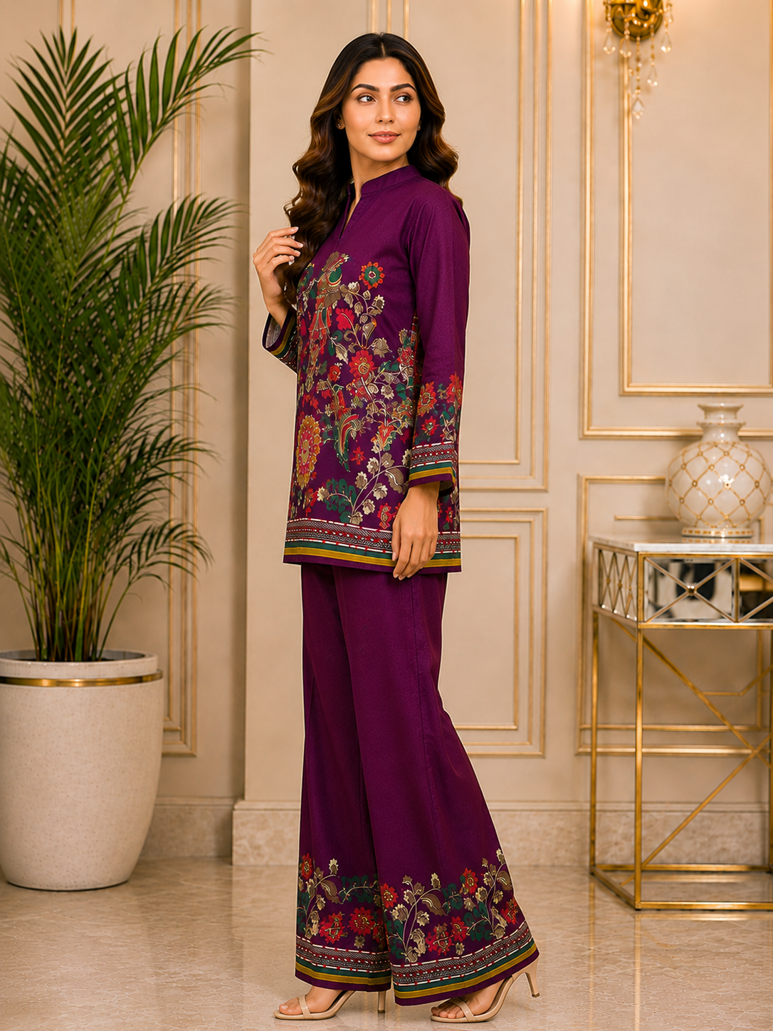 Purple Bohemian Bird & Floral Printed Silk Tunic with Printed Palazzos | Claura
