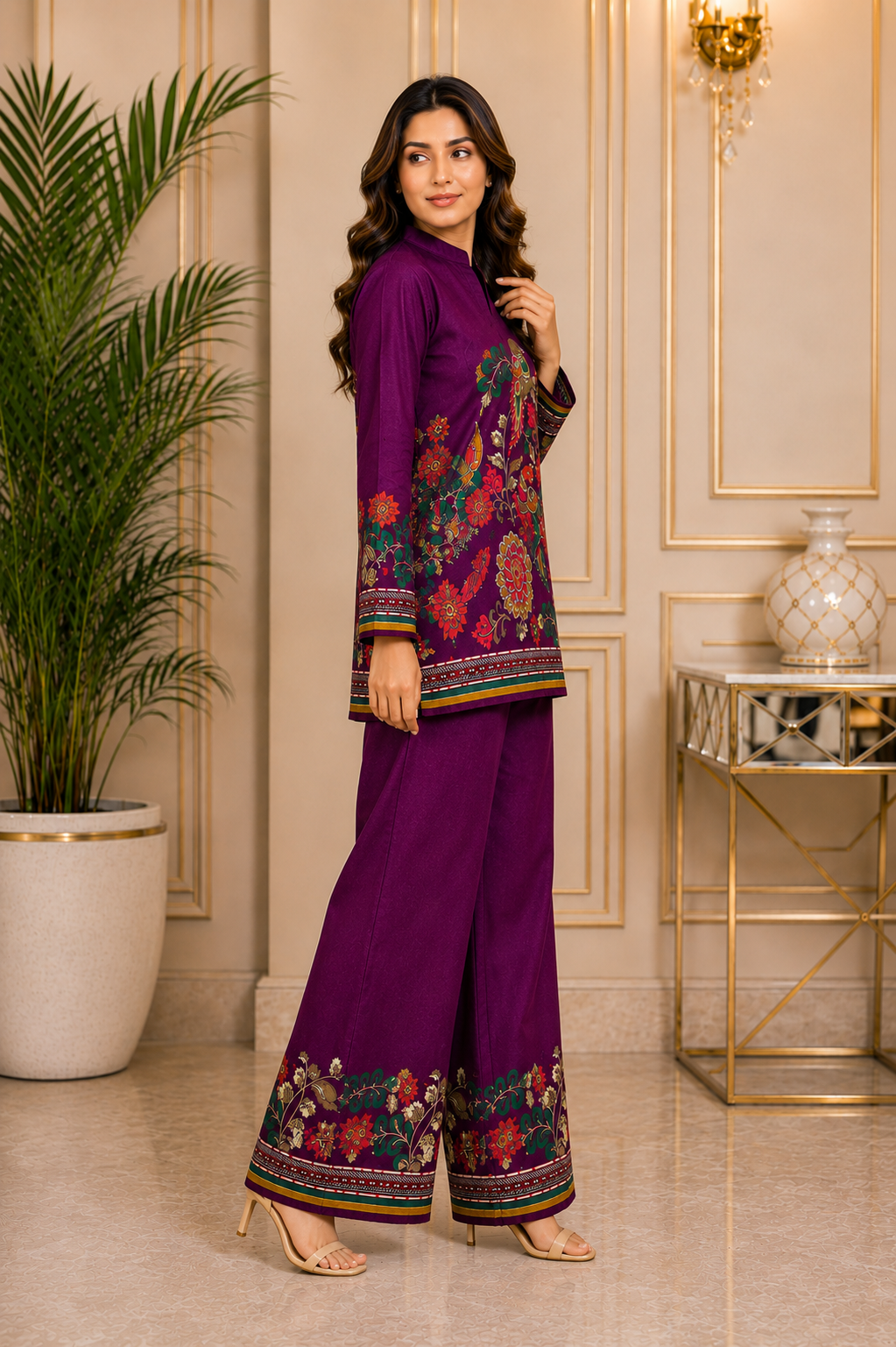 Purple Bohemian Bird & Floral Printed Silk Tunic with Printed Palazzos | Claura