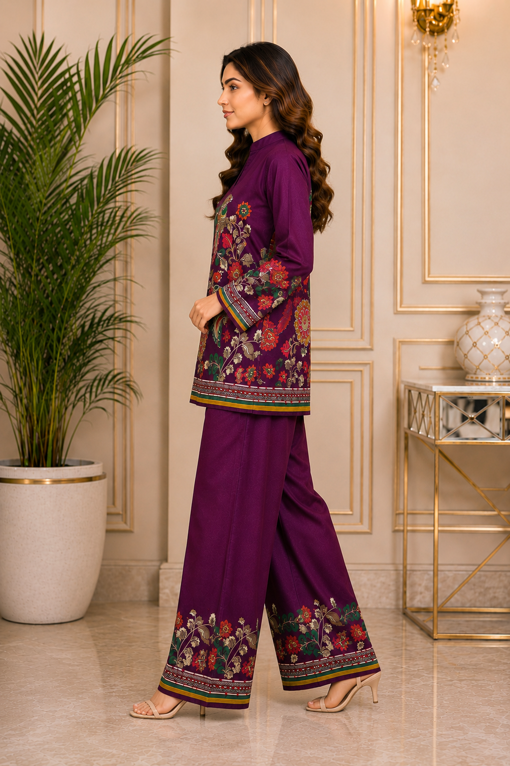 Purple Bohemian Bird & Floral Printed Silk Tunic with Printed Palazzos | Claura